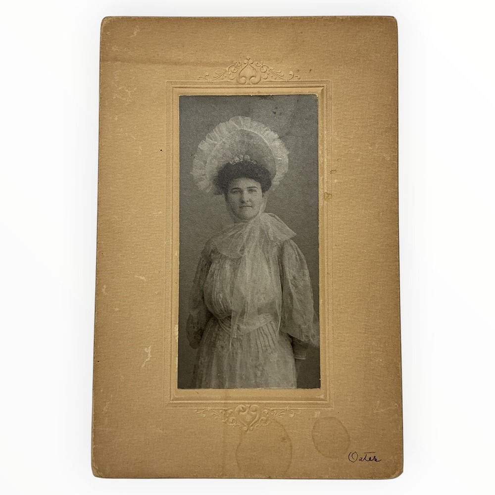 Antique Edwardian Woman Portrait Photo Large Lace Hat Oates Signed c1910